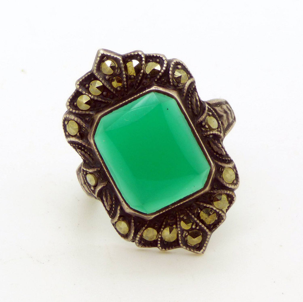 Art Deco Uncas Sterling Silver Chalcedony and Marcasite Ring