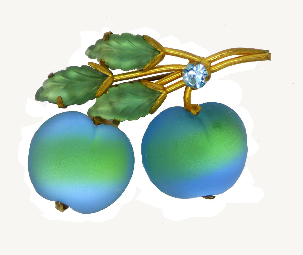 Austria Double Teal Blue Cherries Frosted Glass Fruit Brooch