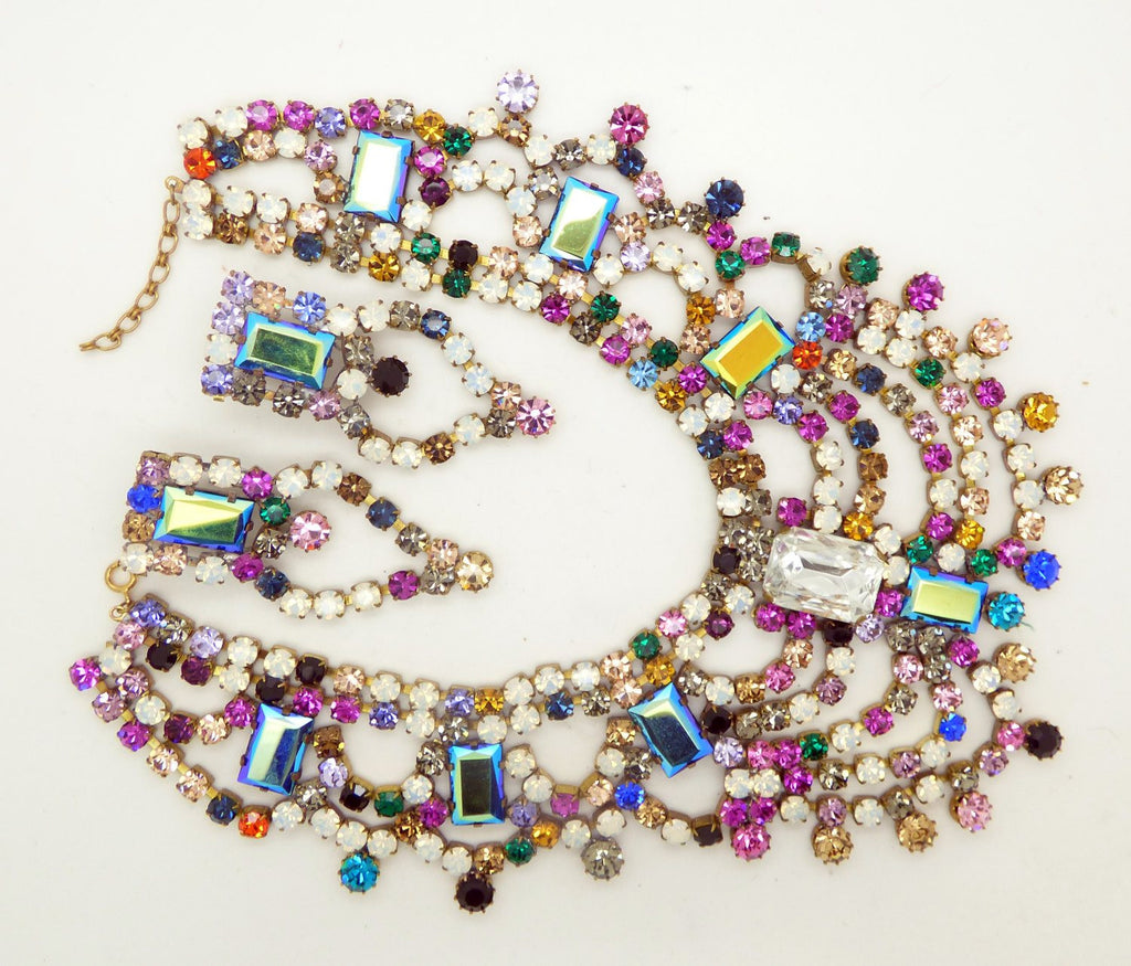 Bijoux M.G. Czech Glass Multicolored and Opal White Stones Statement Necklace and Pierced Style Earring Set