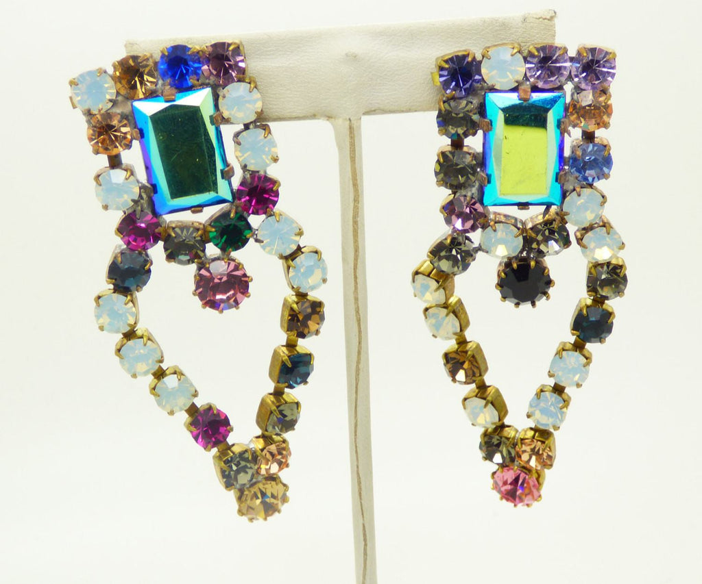 Bijoux M.G. Czech Glass Multicolored and Opal White Stones Statement Necklace and Pierced Style Earring Set - Vintage Lane Jewelry