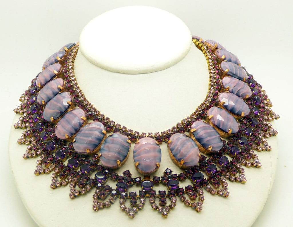 Husar D. Dark Purple and Lavender Glass Bib Style Collar Necklace, Statement Necklace
