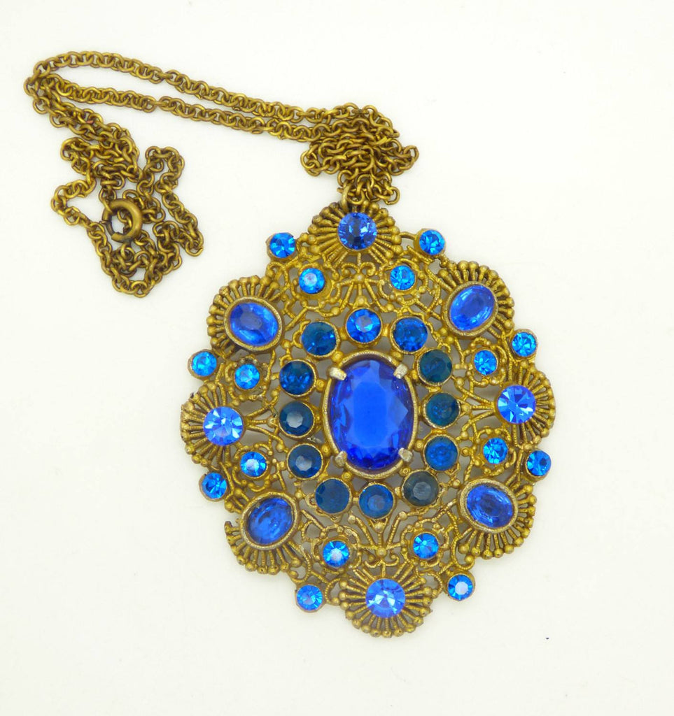 Vintage Art Deco Sapphire Blue Rhinestone Pendant Necklace