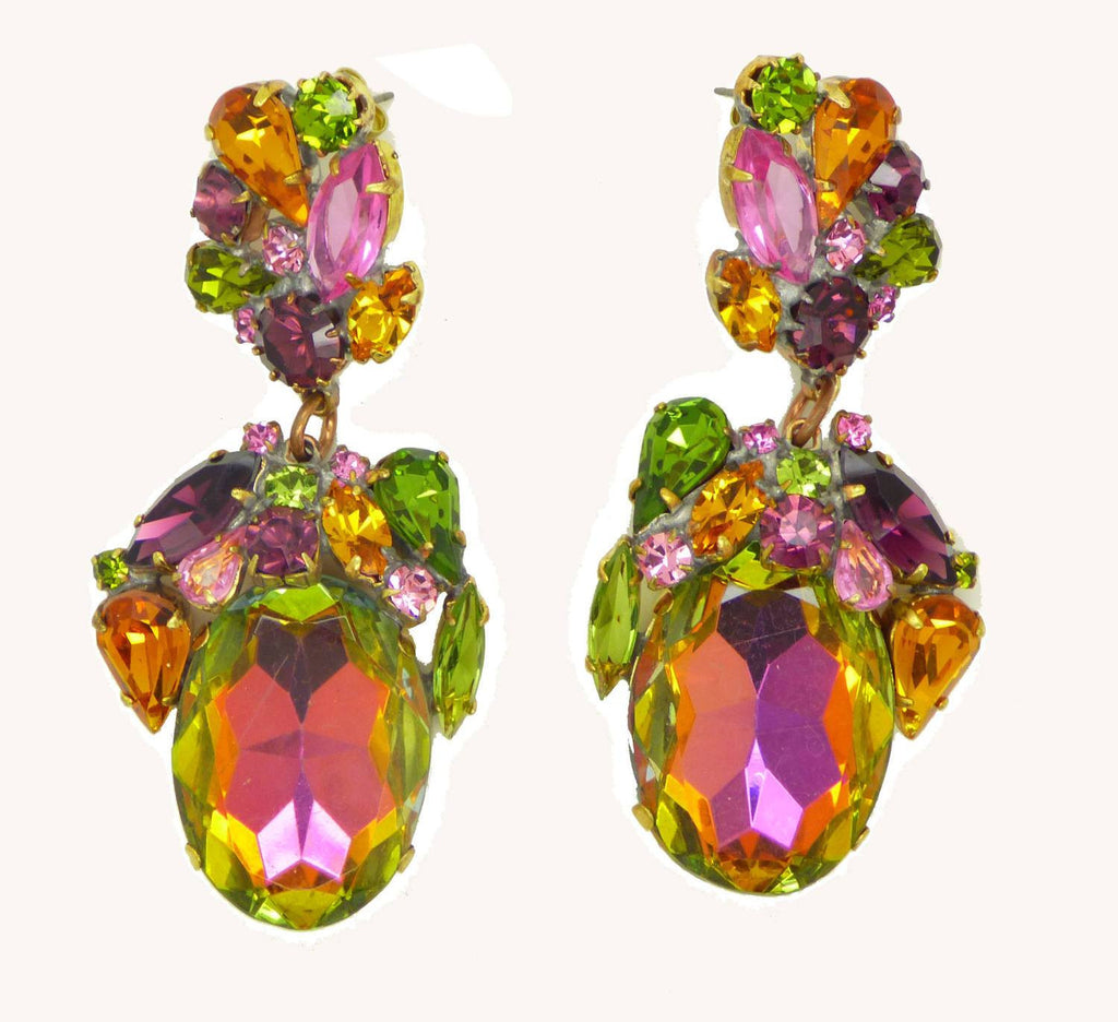 Czech Glass Watermelon Vitrail Dangle Pierced Style Earrings, Rhinestone