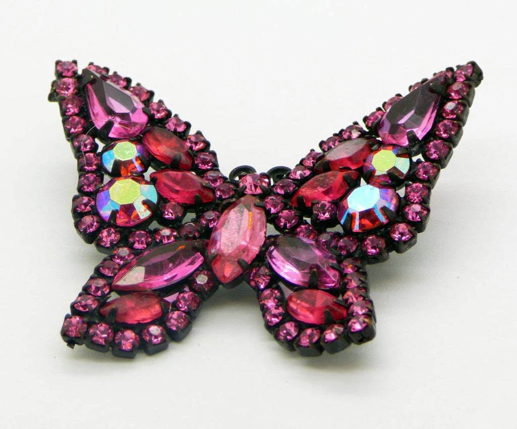 Vintage Weiss Pink Rhinestone Japanned Butterfly Brooch