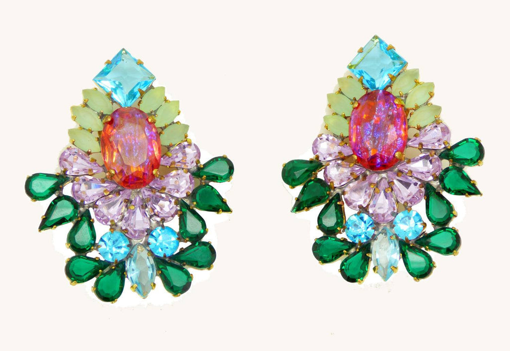 Huge Czech Rhinestone Multicolored Clip Earrings