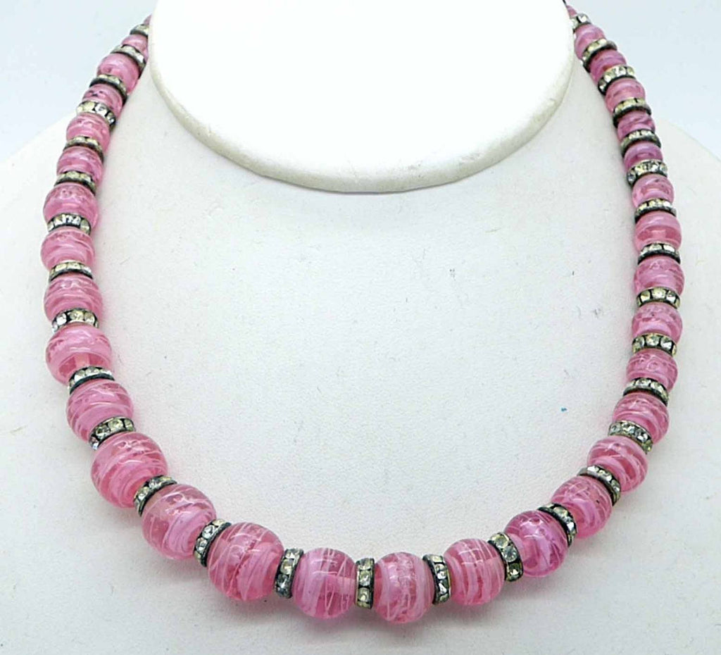 Art Deco Rondelle Rhinestone Givre Art Glass Bead Pink Rose Quartz Necklace