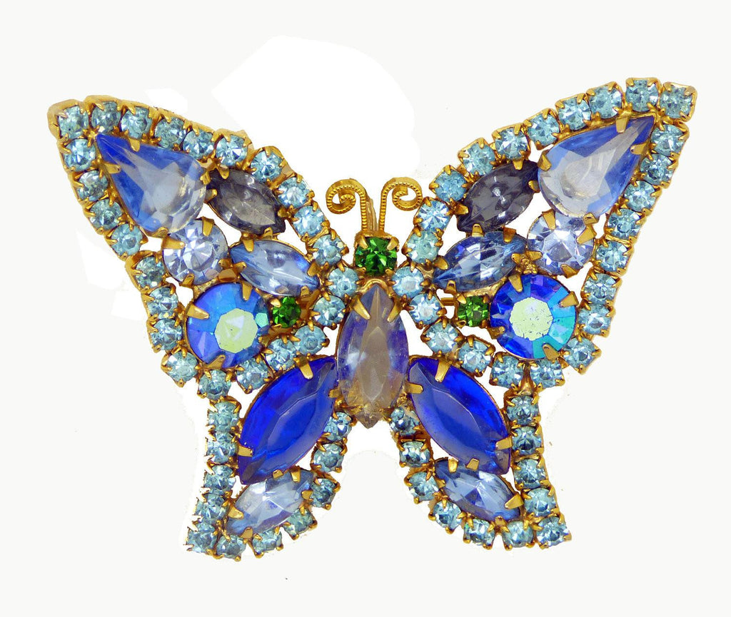 Vintage Weiss Blue Rhinestone Butterfly Brooch