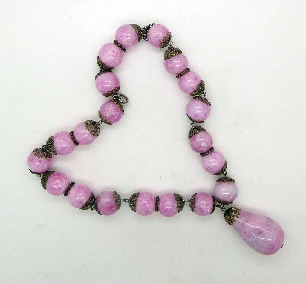 Antique Art Deco Mottled Pink Czech Glass Pendant Collar Necklace - Vintage Lane Jewelry