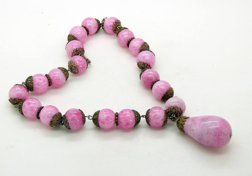 Antique Art Deco Mottled Pink Czech Glass Pendant Collar Necklace