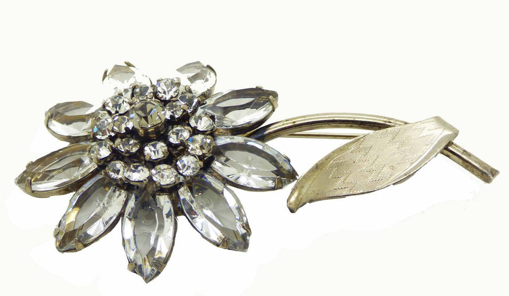 Vintage Schrager Clear Rhinestone Flower Brooch
