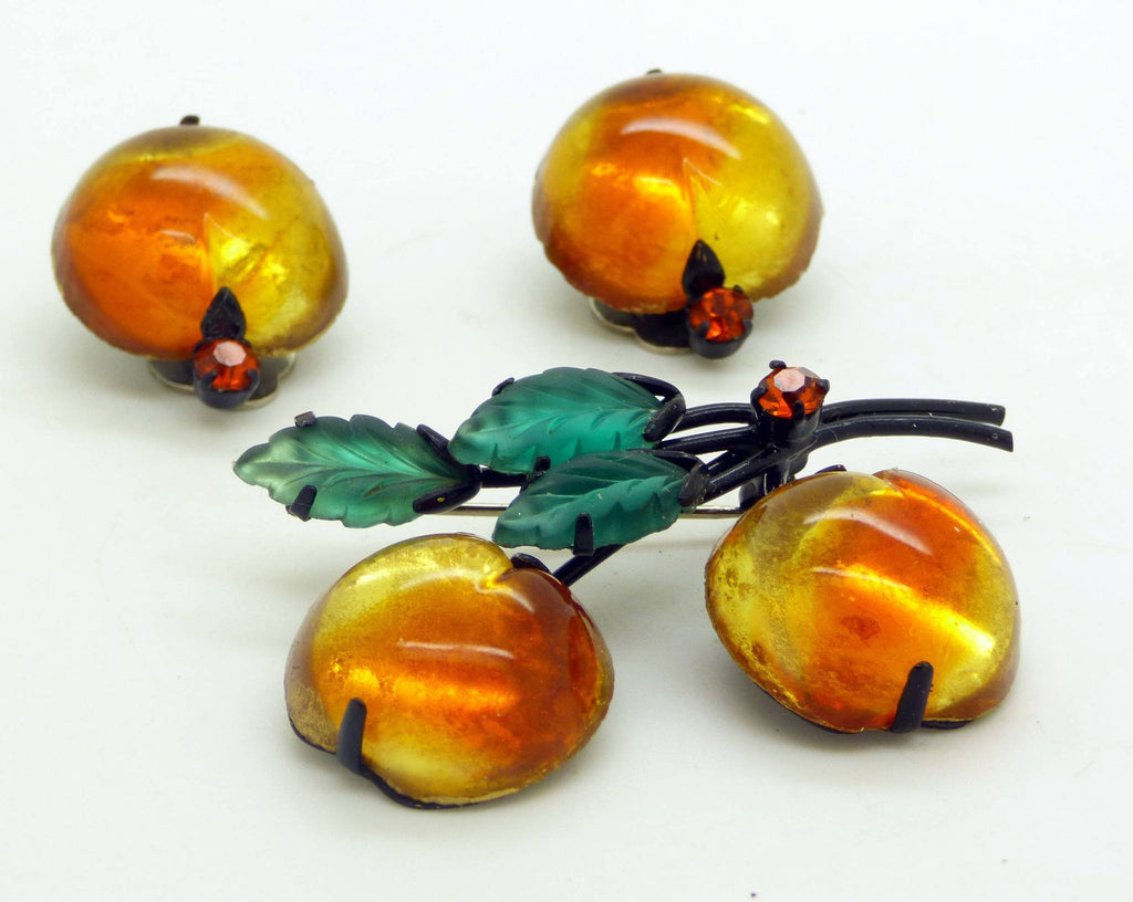 Peach Colored Cherries or Peaches Brooch, Austrian Crystal Fruit Pin Clip Earrings Demi Parure