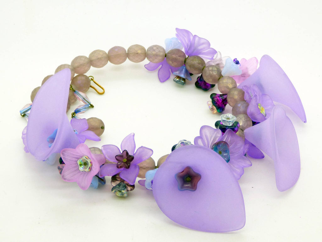 Purple Lucite Flowers and Glass Beads Necklace, Shades of Lavender Glass