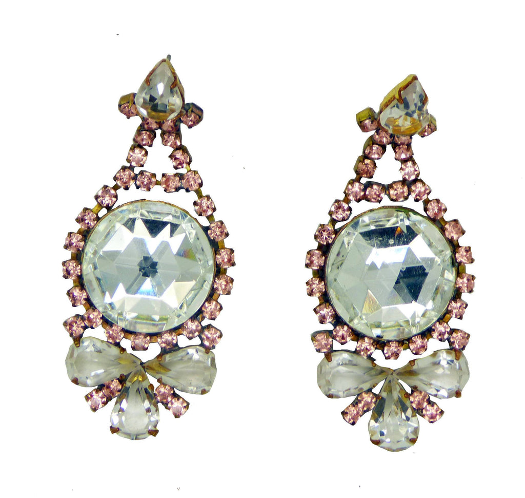 Pale Pink and Clear Rhinestone Bow Pierced Style Czech Earrings