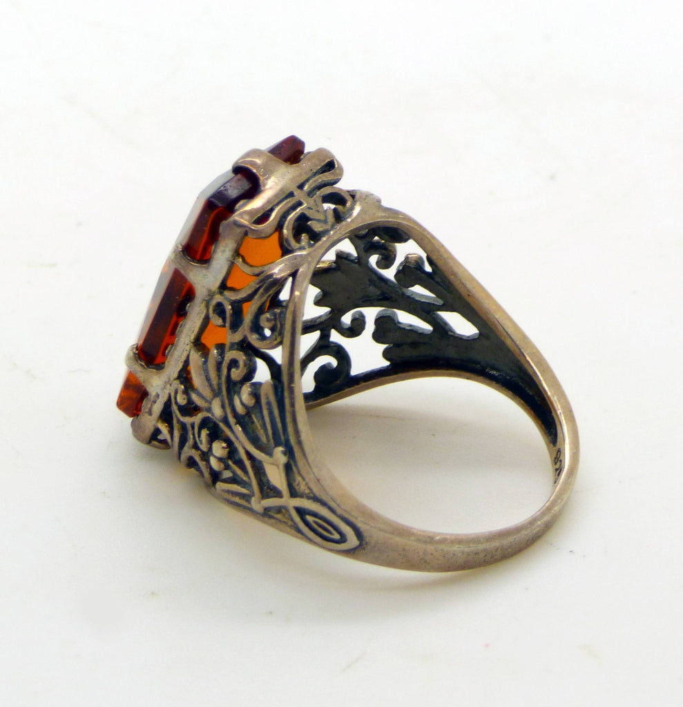Orange Citrine Sterling Leaf Art Nouveau Filigree Ring - Vintage Lane Jewelry