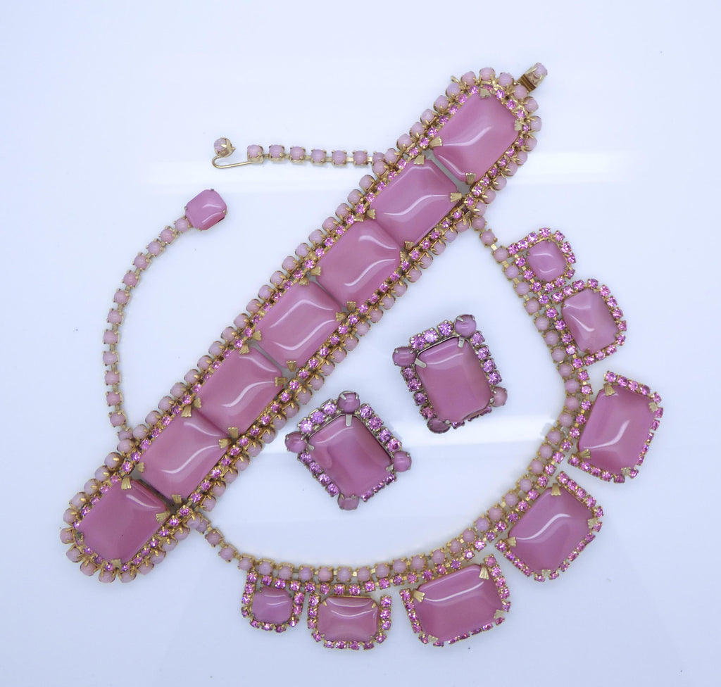 Vintage Juliana D & E Pink Moonstone Rhinestone Parure, Necklace, Bracelet, Clip Earrings
