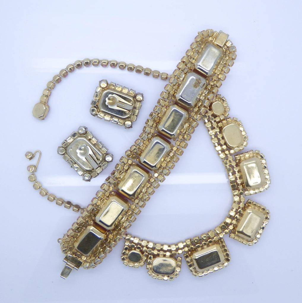 Vintage Juliana D & E Pink Moonstone Rhinestone Parure, Necklace, Bracelet, Clip Earrings - Vintage Lane Jewelry