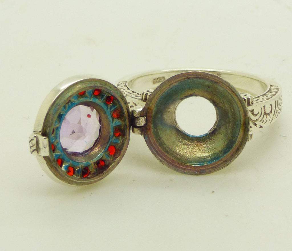 Amethyst and Rubelite Sterling Silver Art Deco Poison Ring, Size 6 - Vintage Lane Jewelry