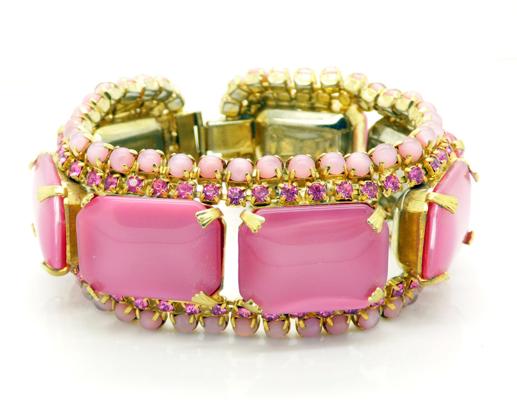 Vintage Juliana D & E Pink Moonstone Rhinestone Parure, Necklace, Bracelet, Clip Earrings - Vintage Lane Jewelry