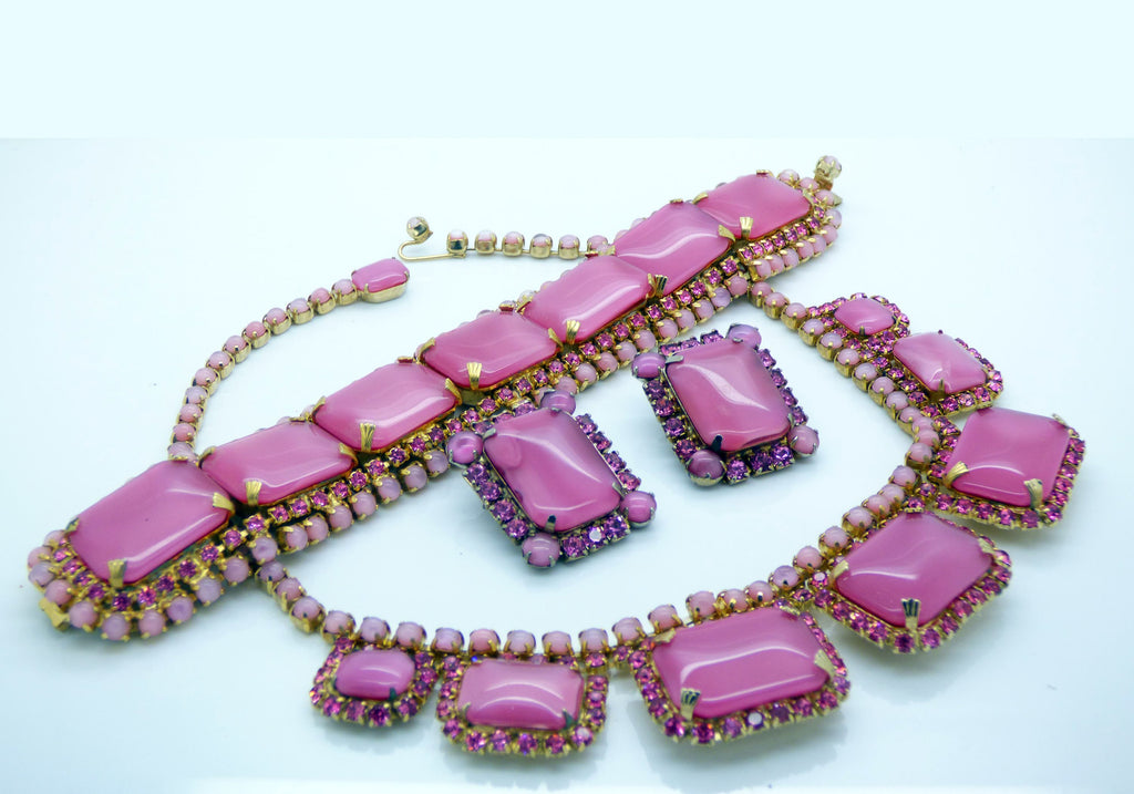 Vintage Juliana D & E Pink Moonstone Rhinestone Parure, Necklace, Bracelet, Clip Earrings - Vintage Lane Jewelry
