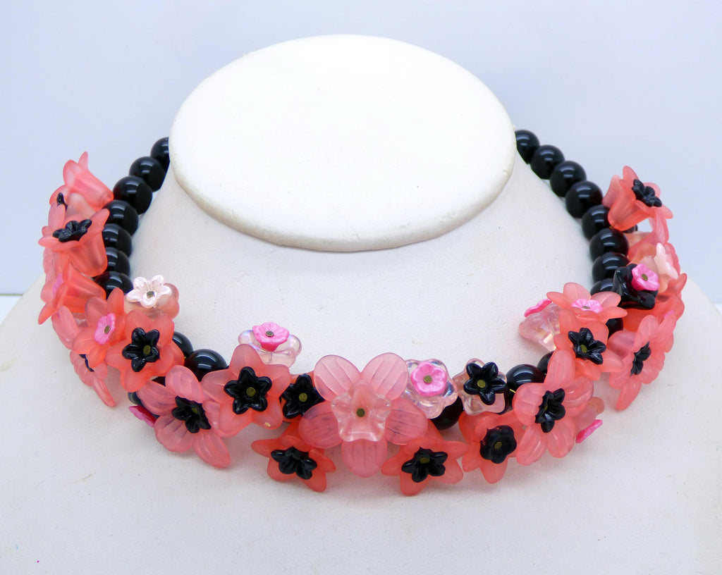 Coral Pink and Black Lucite Flowers and Glass Beads Necklace