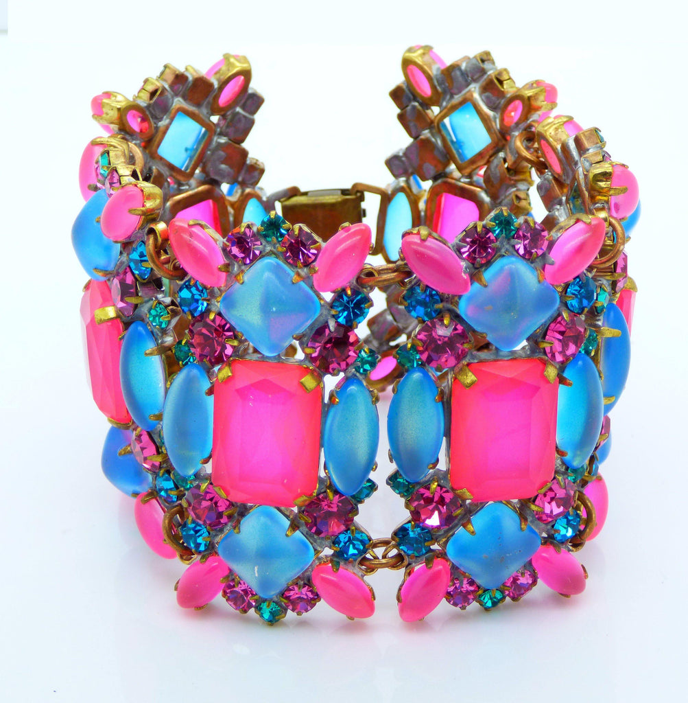 Czech Glass Neon Blue and Pink Wide Bracelet