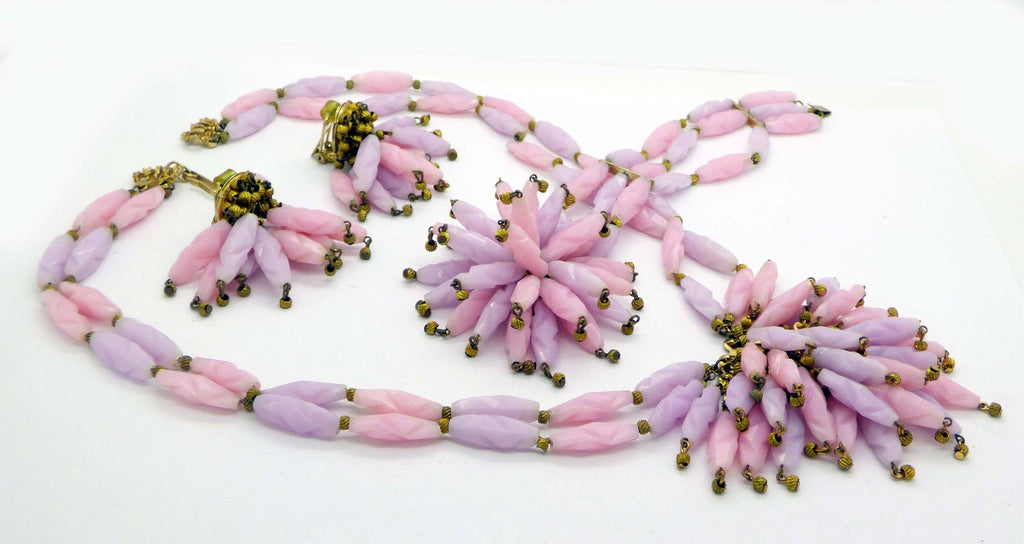 Vintage Signed Hobe Carved Pink and Gold Bead Dangle Lampshade Parure, Clip Earrings, Necklace and Bracelet