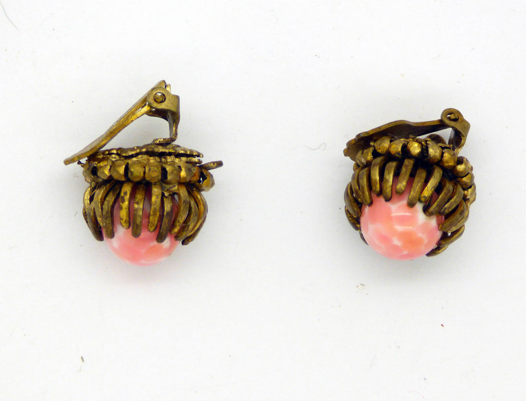 Miriam Haskell signed Mottled Pink Glass Clip Earrings