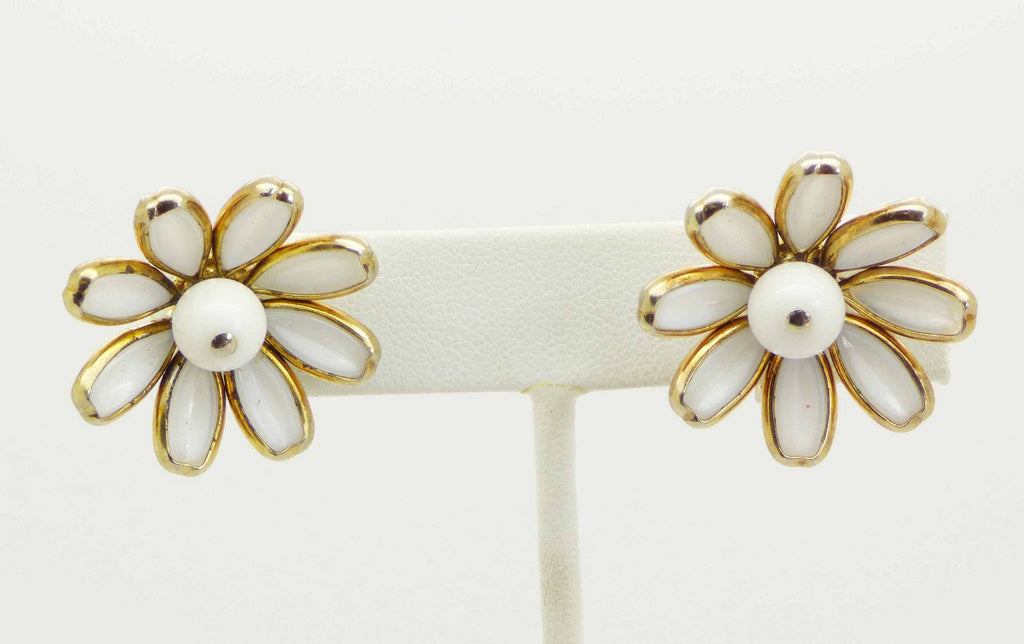 Vintage Crown Trifari Milk Glass Flower Clip Earrings
