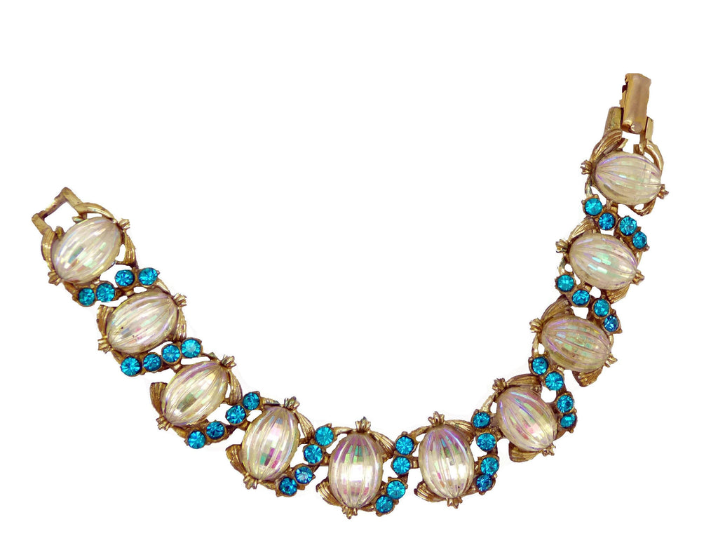 Vintage Jewelcraft AB Glass Melon Cabochon Emerald Green Rhinestone Bracelet