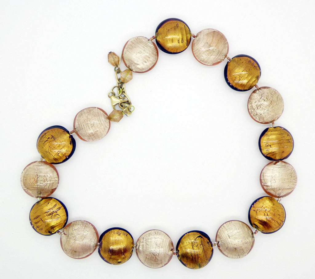 Le Perle Sterling Silver Vermeil Dark Gold and Tan Venetian Murano Foil Glass Beaded Necklace