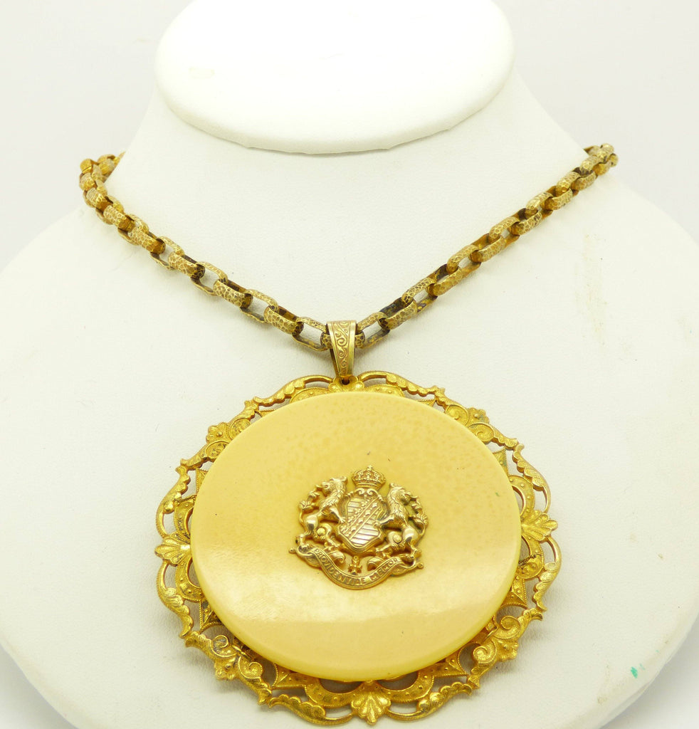 Vintage Miriam Haskell Russian Gold Bakelite Disc Pendant Necklace