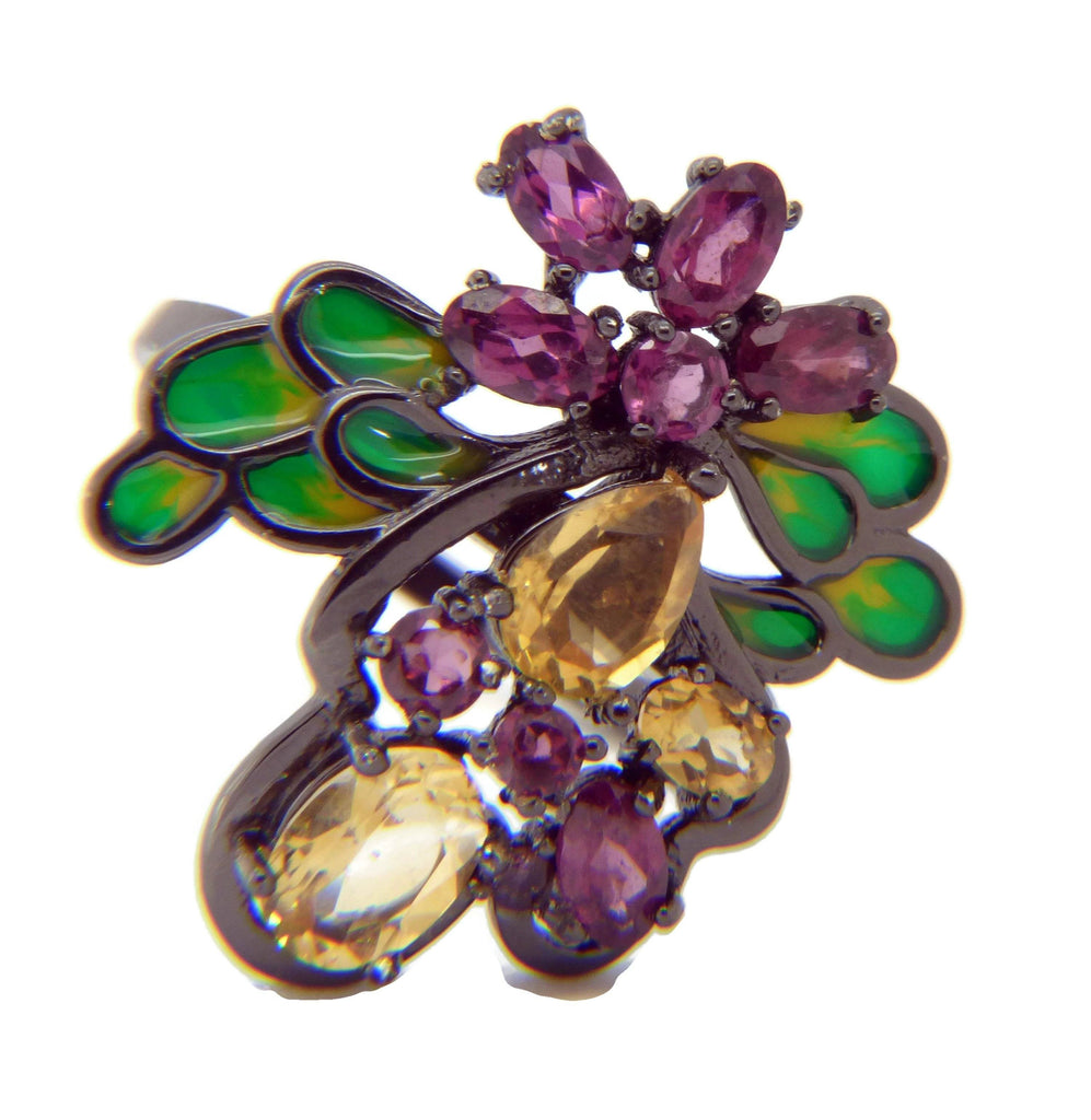 Citrine, Rhodolite, Garnet Enamel Black Rhodium over Sterling Silver Bee Ring