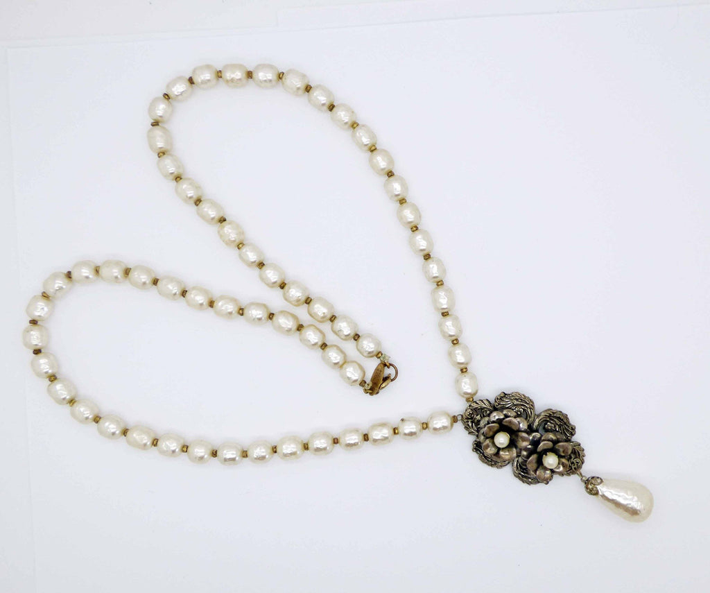 Miriam Haskell Baroque Pearl and Antiqued Silver Floral Necklace - Vintage Lane Jewelry