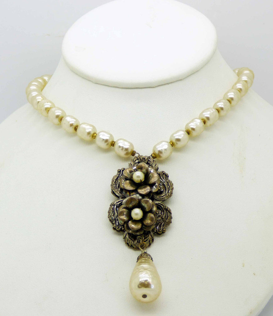 Miriam Haskell Baroque Pearl and Antiqued Silver Floral Necklace