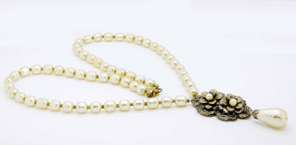 Miriam Haskell Baroque Pearl and Antiqued Silver Floral Necklace - Vintage Lane Jewelry