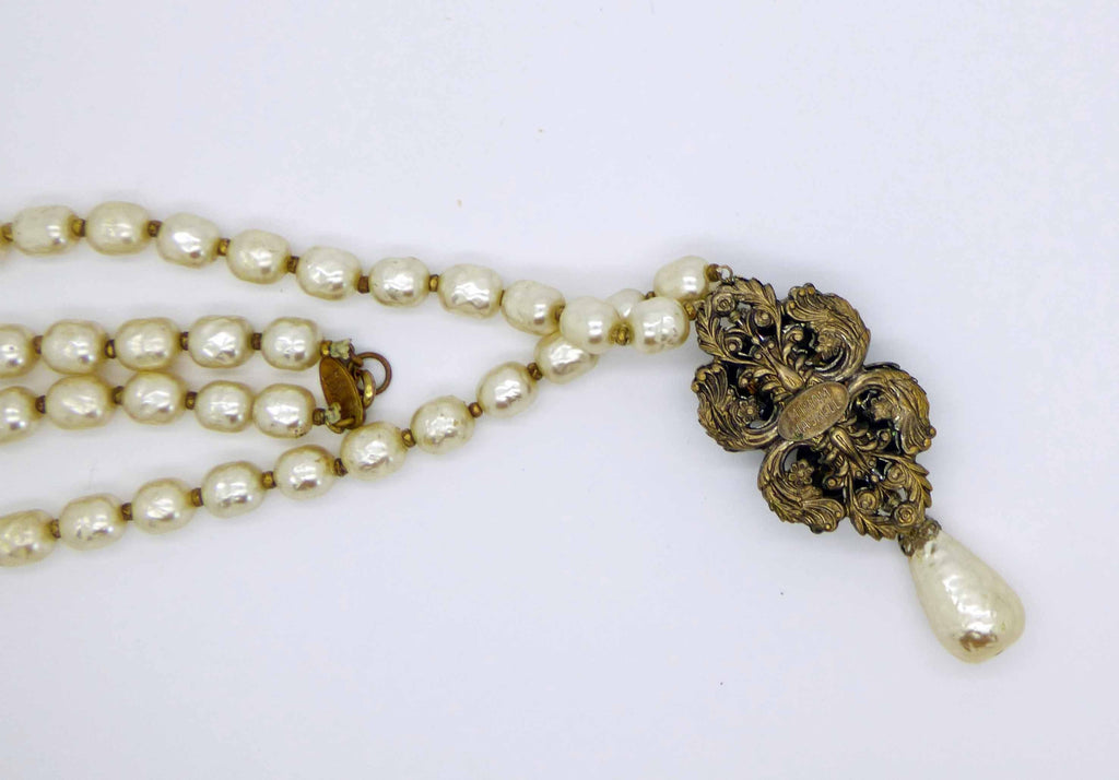 Miriam Haskell Baroque Pearl and Antiqued Silver Floral Necklace - Vintage Lane Jewelry