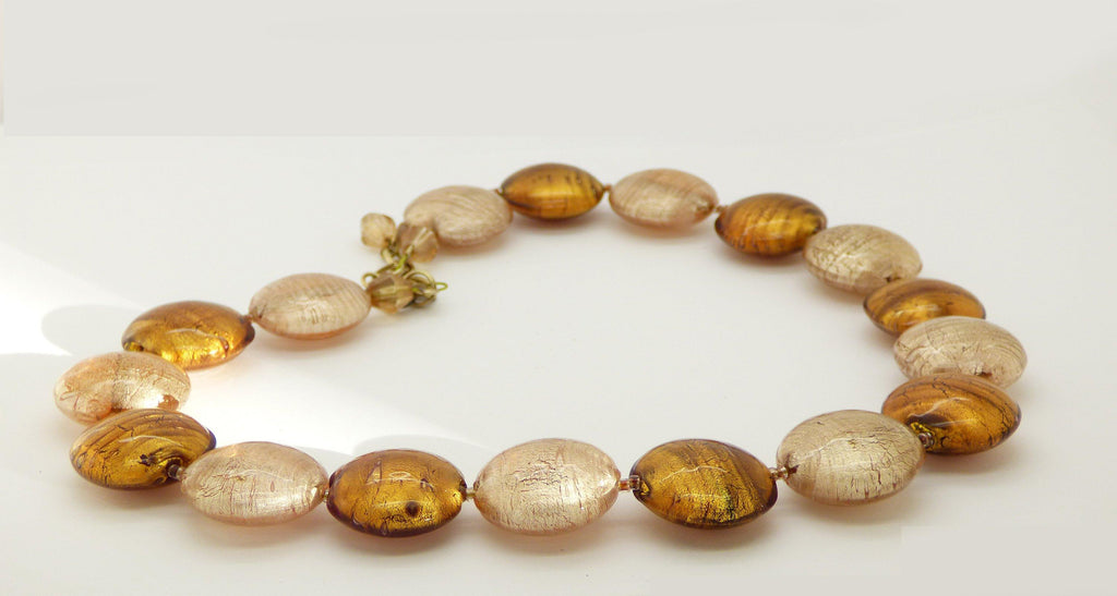 Le Perle Sterling Silver Vermeil Dark Gold and Tan Venetian Murano Foil Glass Beaded Necklace - Vintage Lane Jewelry