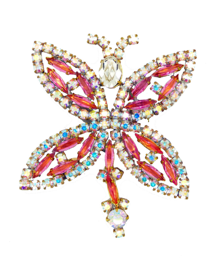 Czech Glass Bijoux MG Pink AB Rhinestone Dragonfly Pin Brooch