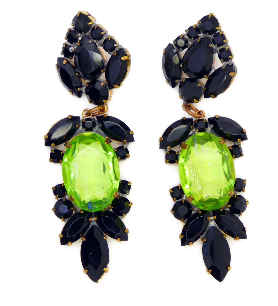 Large Czech Glass Dangling Clip Earrings Black and Pear Green