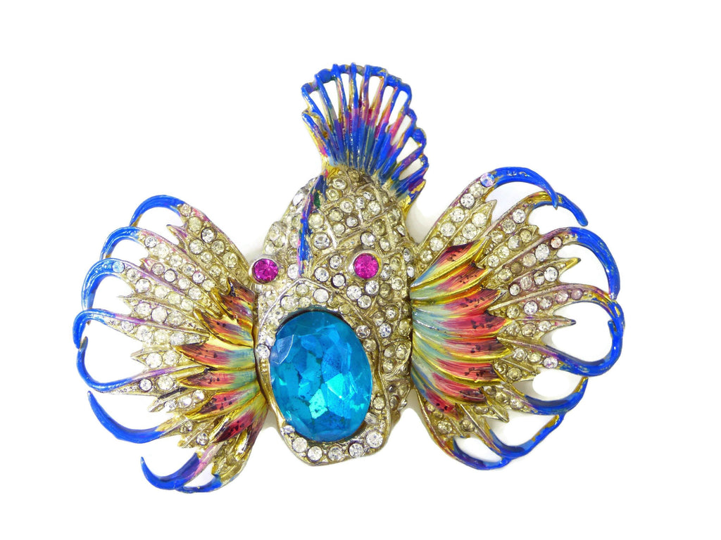Coro Sterling Rock Fish, Adolph Katz, Enamel Rhinestone Brooch, Book Piece