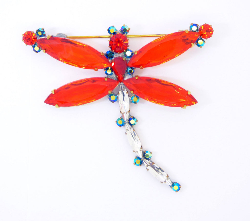 Czech Red AB Rhinestone Dragonfly Pin