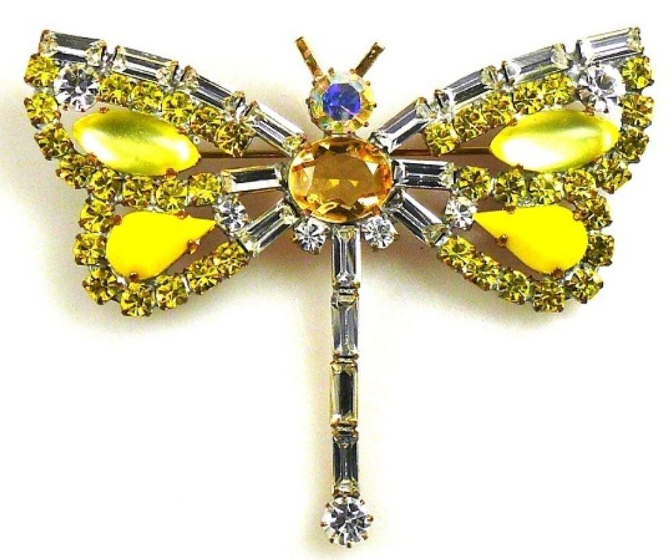 Czech Yellow Rhinestone Dragonfly Pin