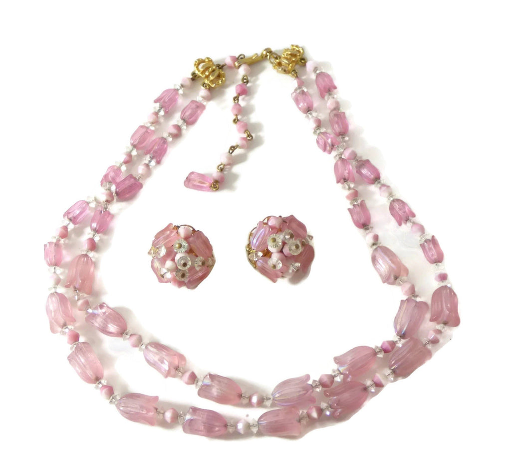 Vintage Hobe Pink Tulips Beaded Necklace and Clip Earrings