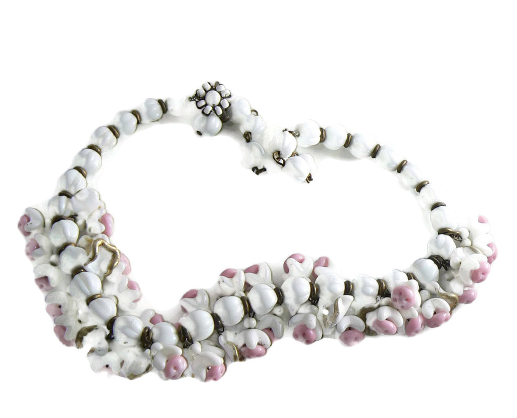 Vintage Miriam Haskell Pink and White Dangling Glass Flower Necklace