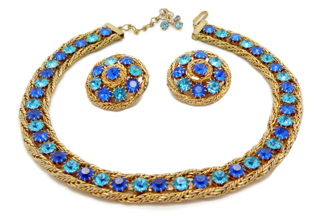 Hattie Carnegie Blue Rhinestone Gold Mesh Necklace Clip Earrings Set