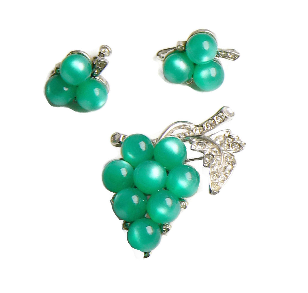 Bright Green Lucite Grape Clusters and Rhinestone Demi Parure