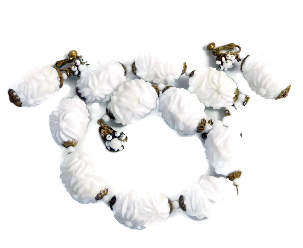 Miriam Haskell White Molded Ornate Floral Plastic Necklace and Clip Earrings