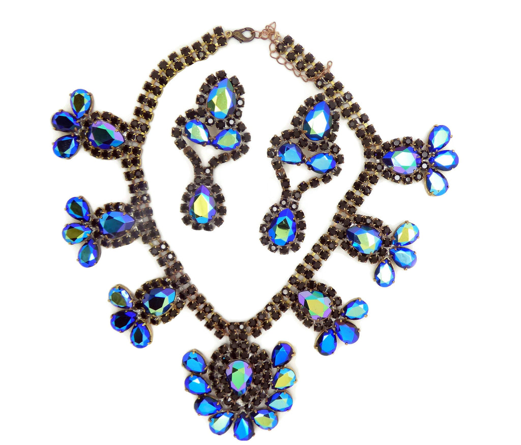 Bijoux MG Black Borealis Czech Glass Rhinestone Necklace and Clip Earrings
