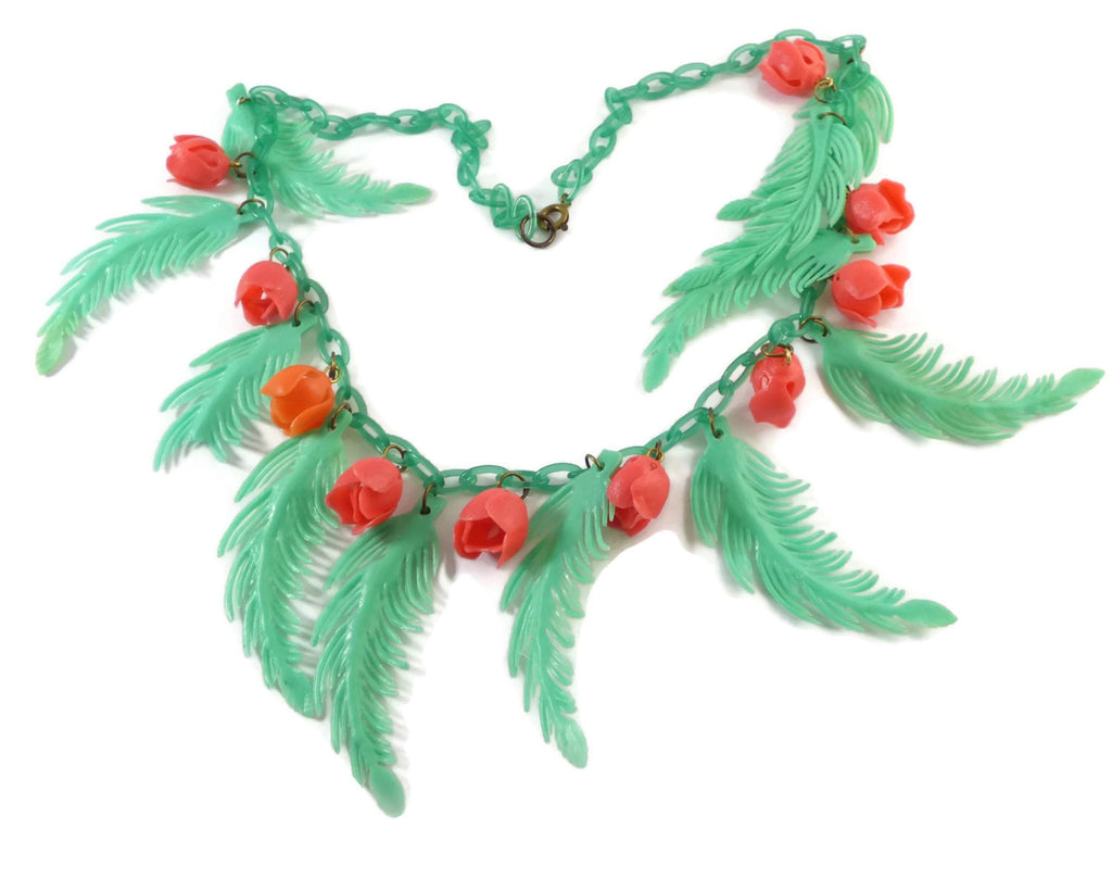 Vintage Early Soft Plastic Celluloid Leaves and Roses Necklace