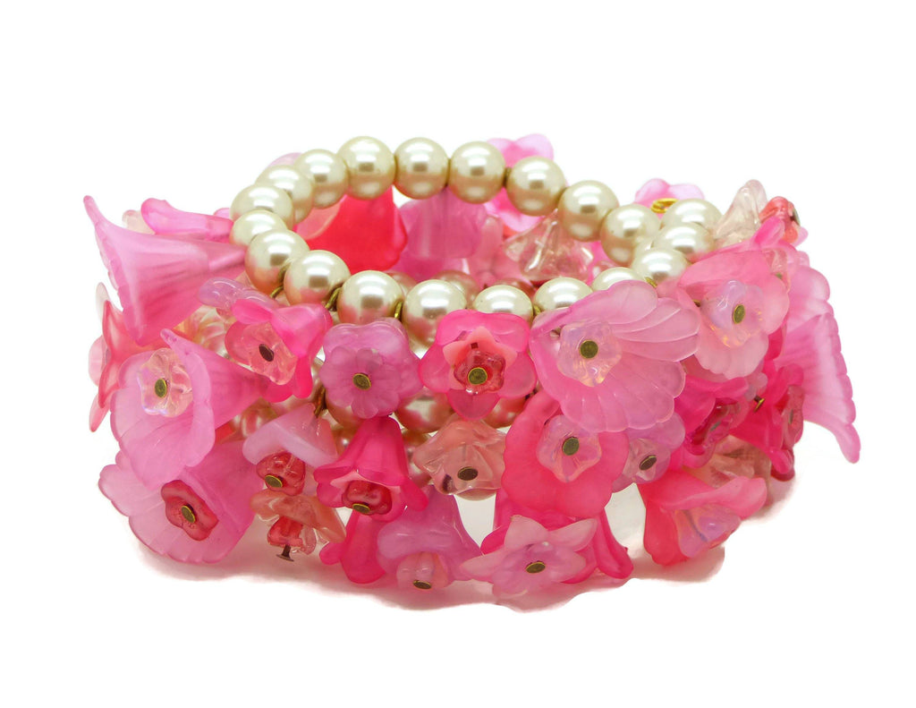 Pink Flower Glass Pearl Memory Coil Bracelet